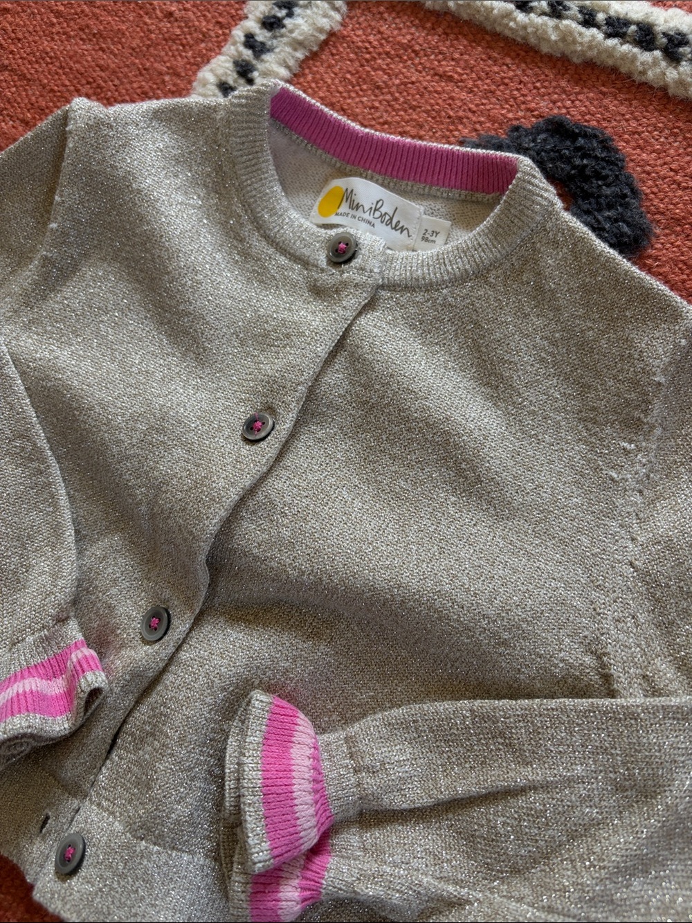 Mini Boden Metallic Gold Cardigan with Pink Trim